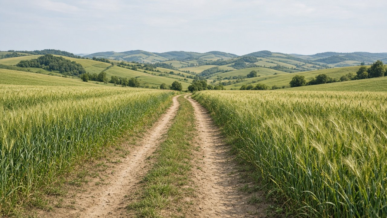 Orientación breve: camino rural que guía entre campos